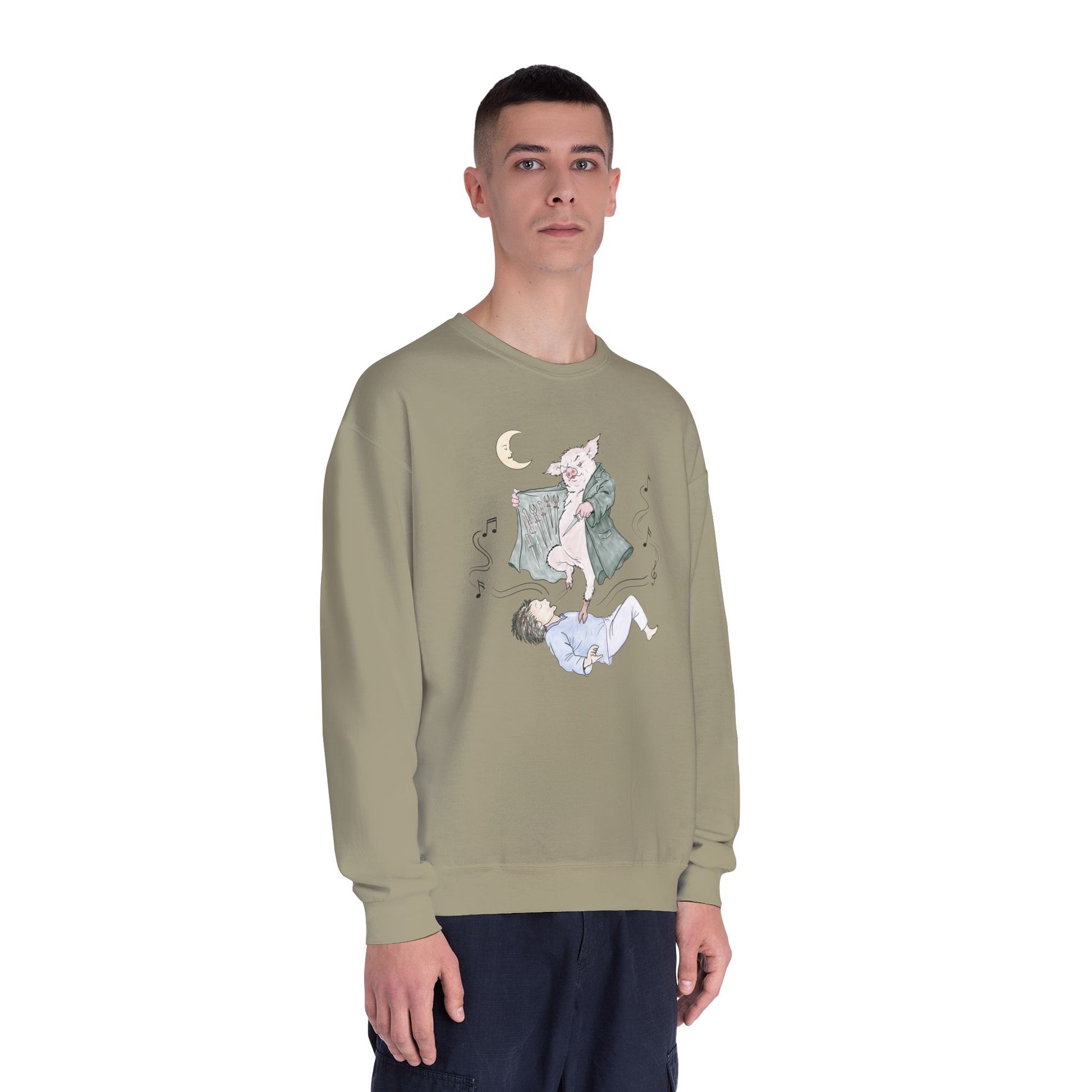 Crewneck sweatshirt featuring original hand-drawn Guyute-inspired artwork with a surreal pig, moon, musical mist, and muted storybook colors.