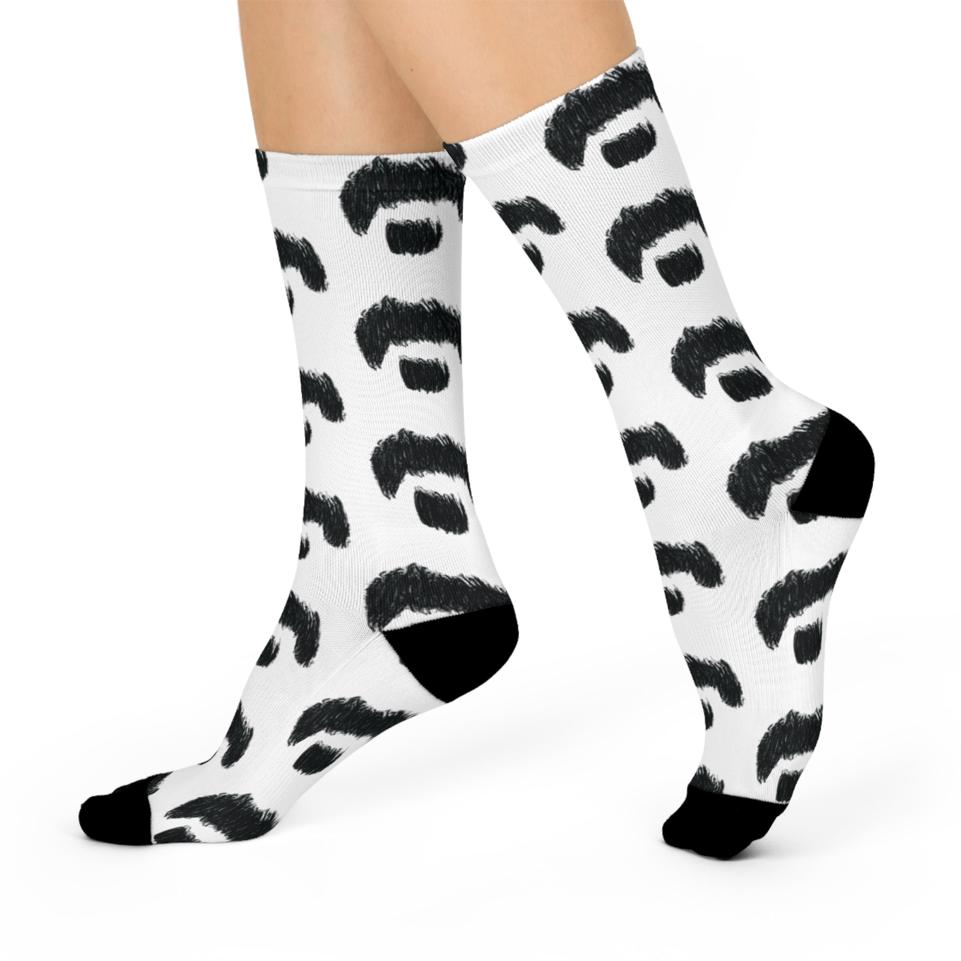 Zappa-inspired hand drawn mustache crew socks with hand-drawn black pattern