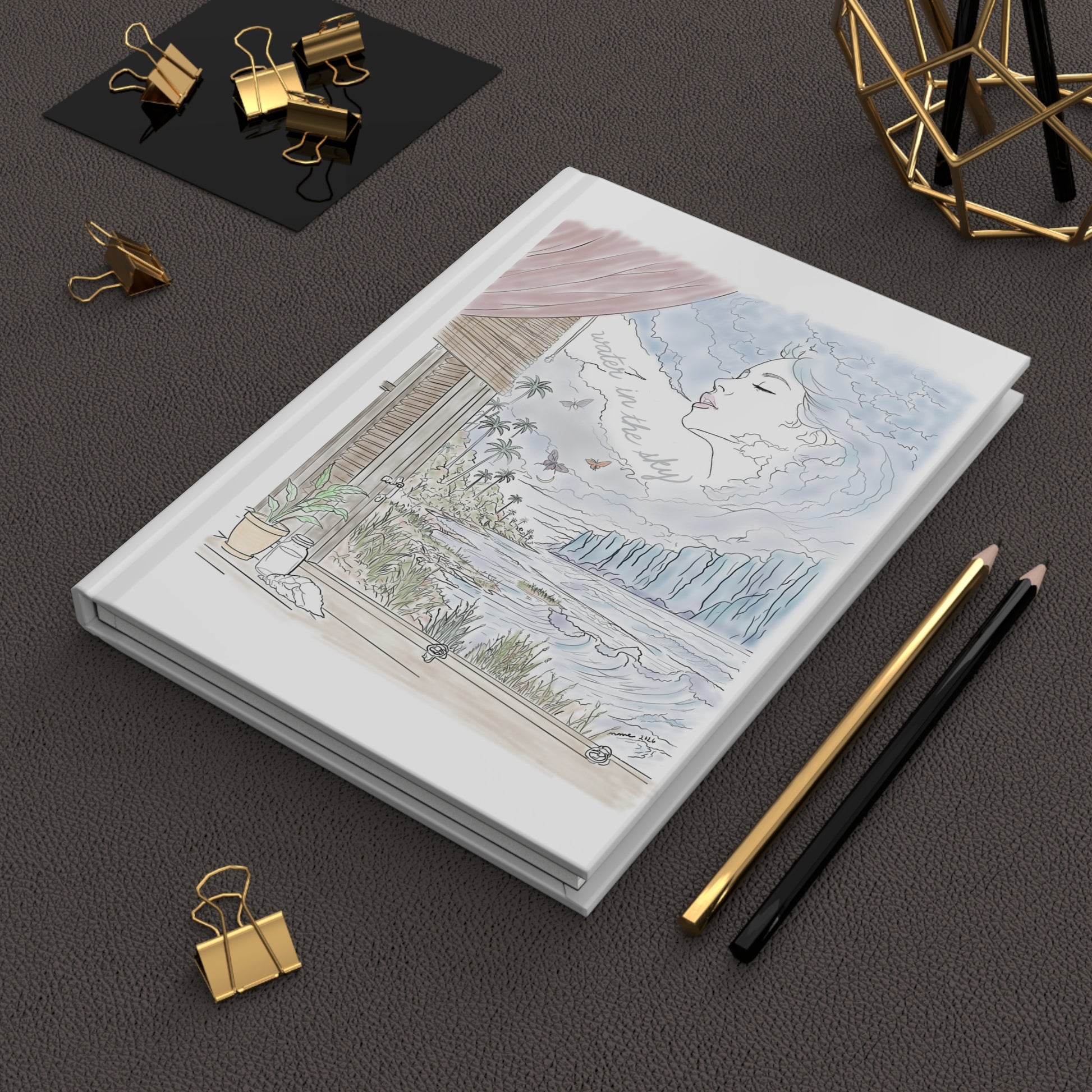 Water in the Sky hardcover journal featuring pastel coastal artwork with ocean waves, tropical palms, butterflies and a woman in the clouds.