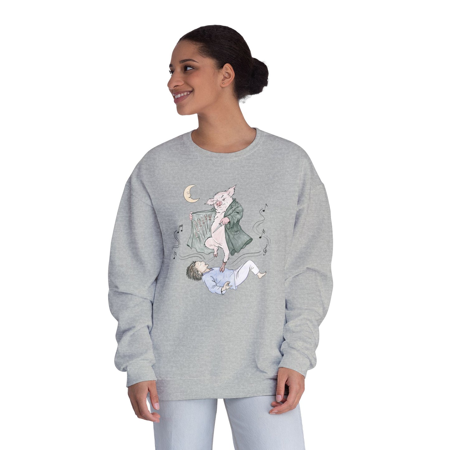 Crewneck sweatshirt featuring original hand-drawn Guyute-inspired artwork with a surreal pig, moon, musical mist, and muted storybook colors.