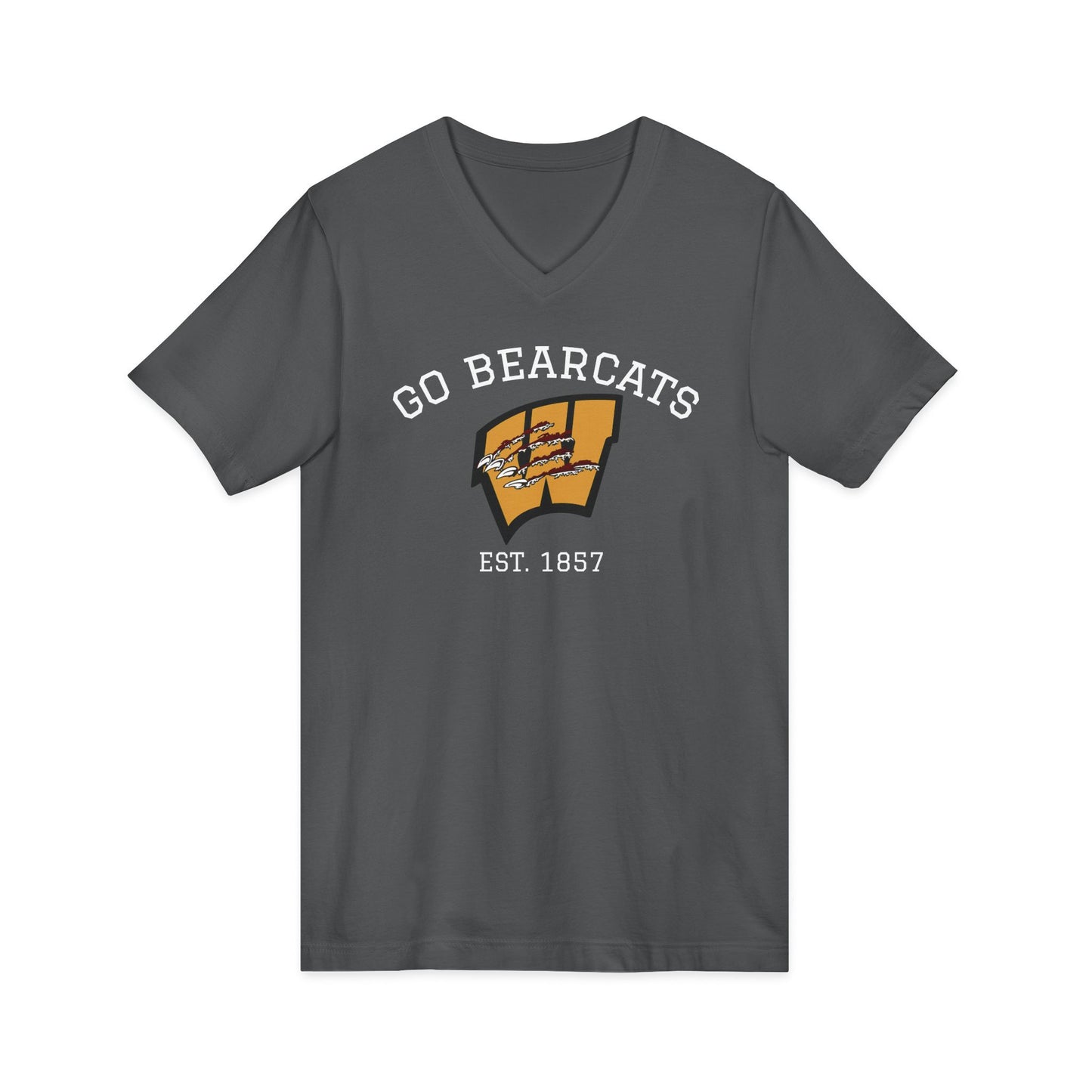 Gray t-shirt with 'Go Bearcats' text and logo on a white background