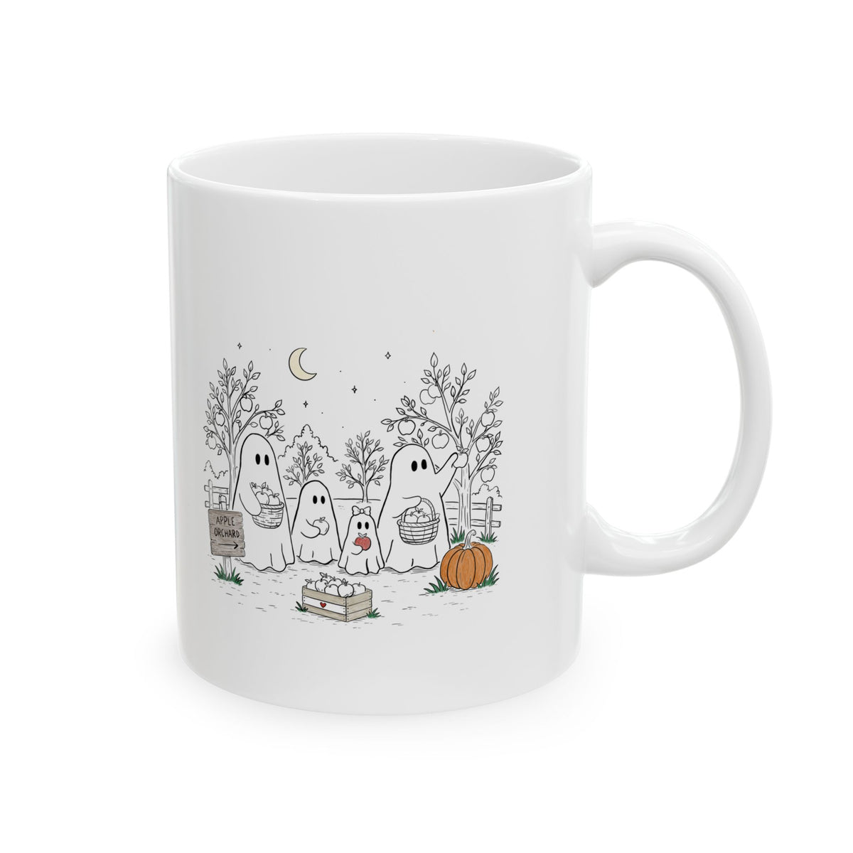 Coffee mug featuring a cute ghost family picking apples in an autumn orchard with baskets, pumpkin, trees and moon from The Story of the Ghost Chapter 4.