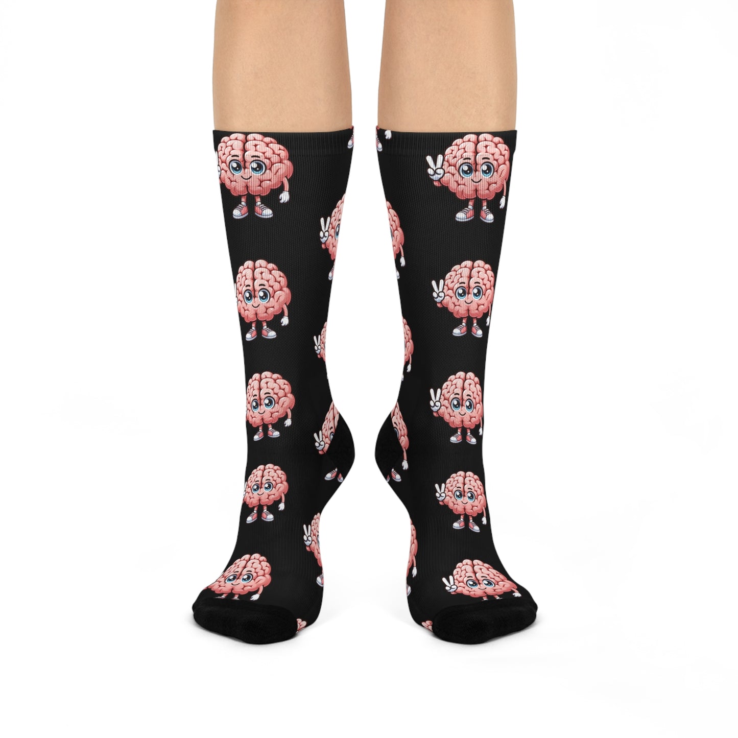 Black crew socks featuring cute pink cartoon brain characters with expressive faces and peace signs in a fun all-over pattern.