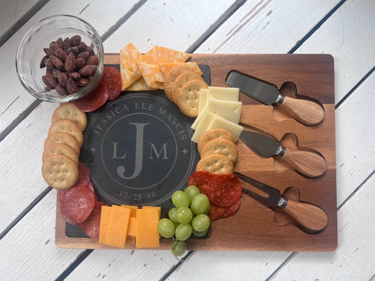 Personalized Charcuterie Board Gift | Engraved Cheese Board with Serving Tools | Custom Family Name Board