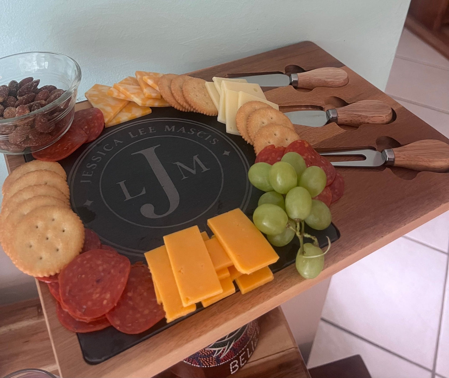 Personalized Charcuterie Board Gift | Engraved Cheese Board with Serving Tools | Custom Family Name Board