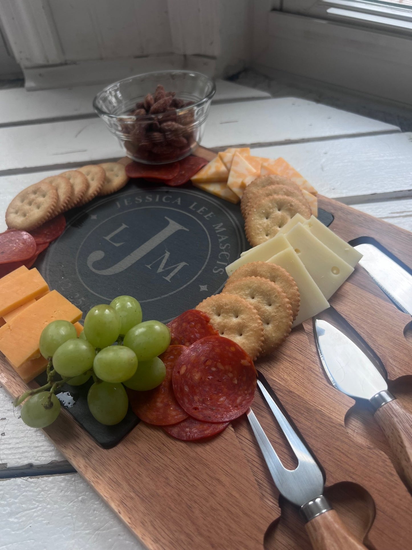 Personalized Charcuterie Board Gift | Engraved Cheese Board with Serving Tools | Custom Family Name Board