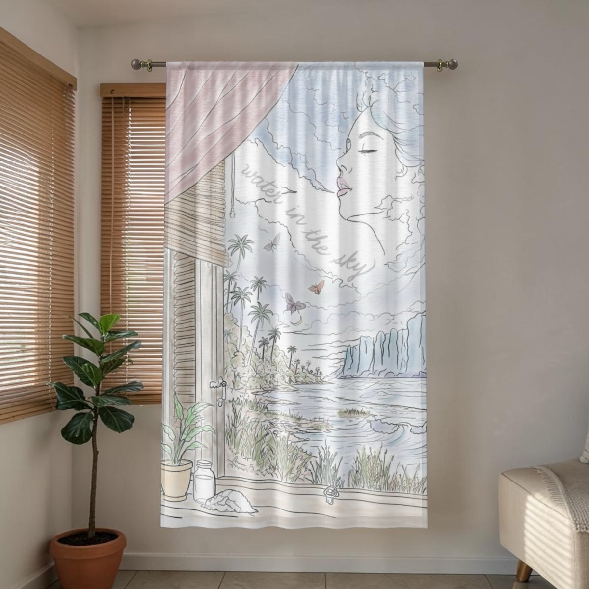 Water in the Sky sheer curtain panel with pastel ocean, cloud, palm tree, butterfly, and woman illustration.
