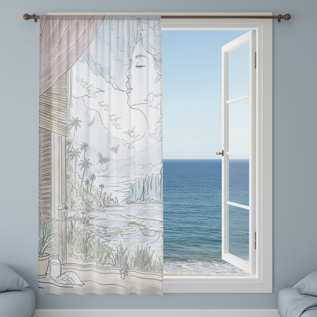 A window curtain panel hanging in front of an open white window, showing a scenic ocean view outside. The curtain has a soft beige and pink base with a delicate line-art illustration of a face, palm trees, waves, and the words 'water in the sky'.