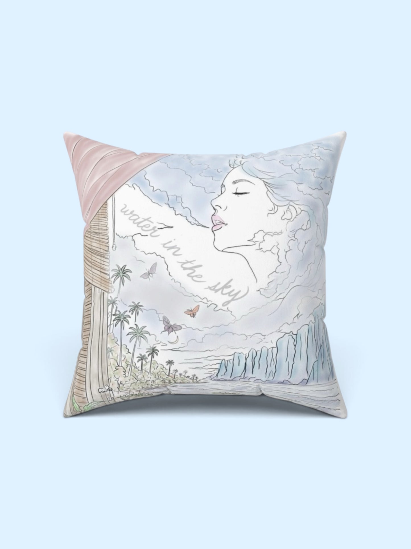 Water in the Sky decorative pillow featuring a woman in the clouds above tropical palms, ocean waves, butterflies and cliffs.