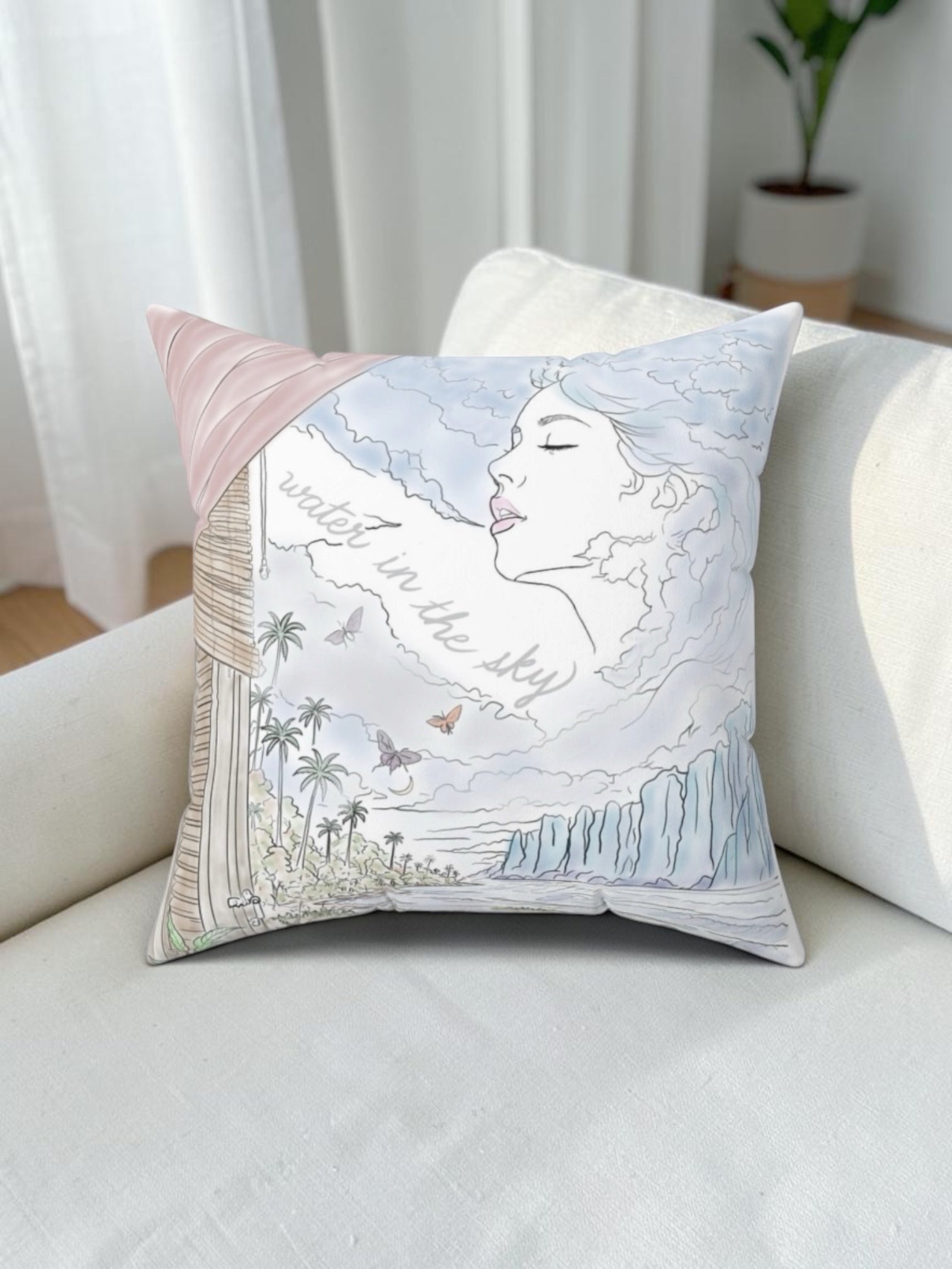 Water in the Sky decorative pillow featuring a woman in the clouds above tropical palms, ocean waves, butterflies and cliffs.