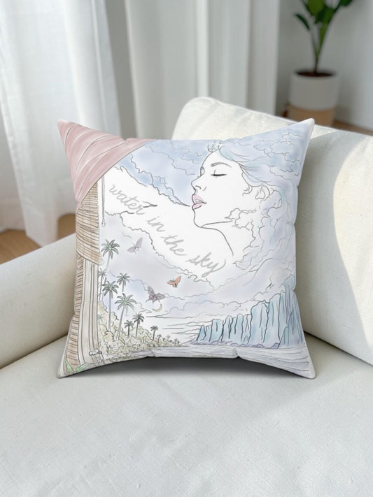 Water in the Sky decorative pillow featuring a woman in the clouds above tropical palms, ocean waves, butterflies and cliffs.