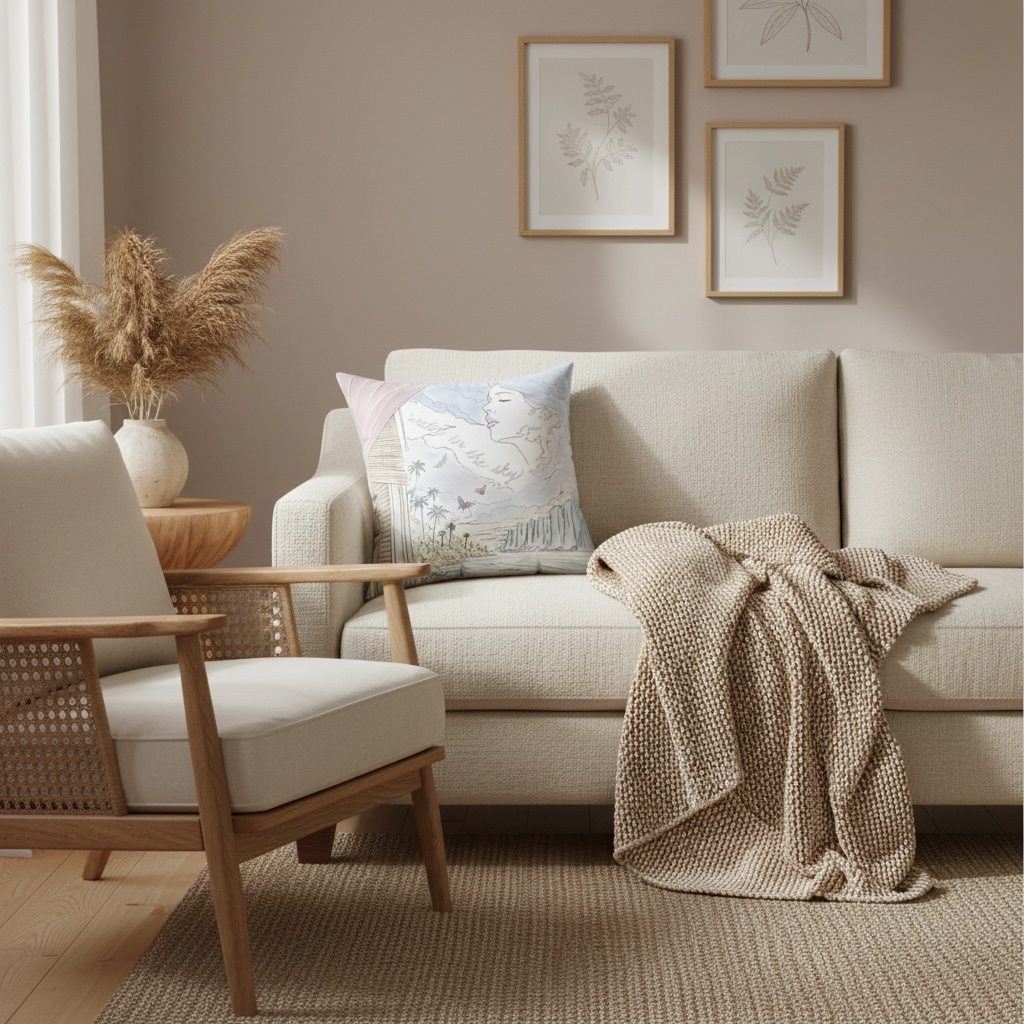 Water in the Sky coastal pillow displayed on a neutral sofa in a warm modern living room.