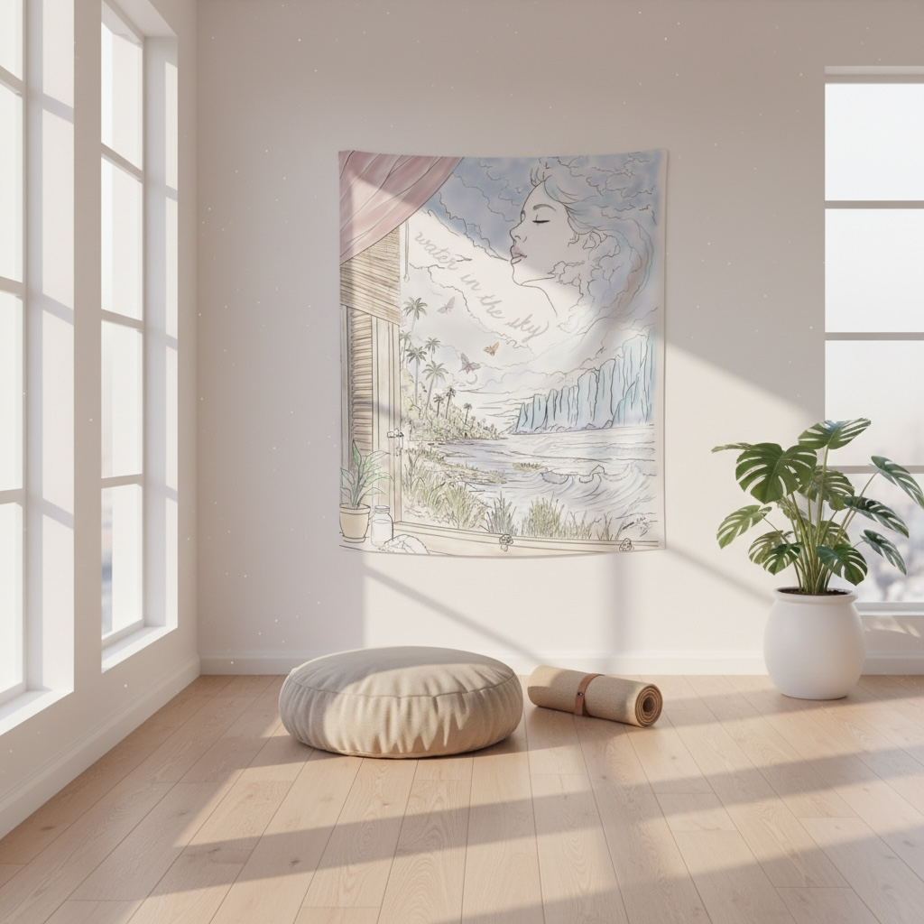 Water in the Sky wall tapestry featuring an original pastel ocean landscape with palm trees, cliffs, and a woman’s face formed from clouds.