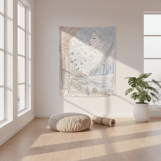 Water in the Sky wall tapestry featuring an original pastel ocean landscape with palm trees, cliffs, and a woman’s face formed from clouds.
