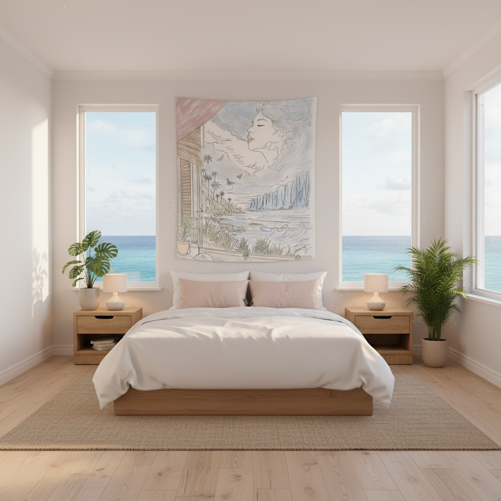 Large Water in the Sky tapestry displayed above a bed creating a calming coastal atmosphere.