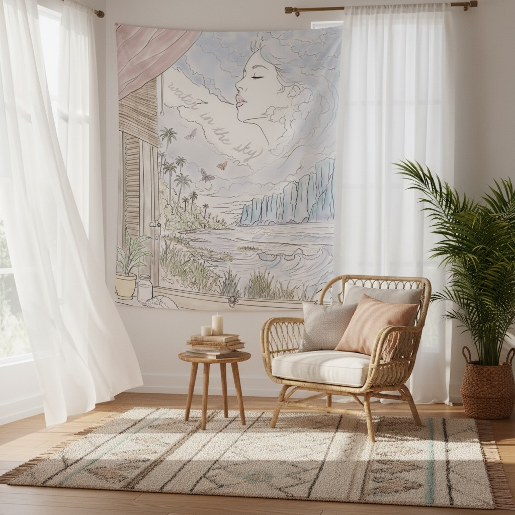 Water in the Sky ocean tapestry hanging in a modern living room with soft neutral décor.