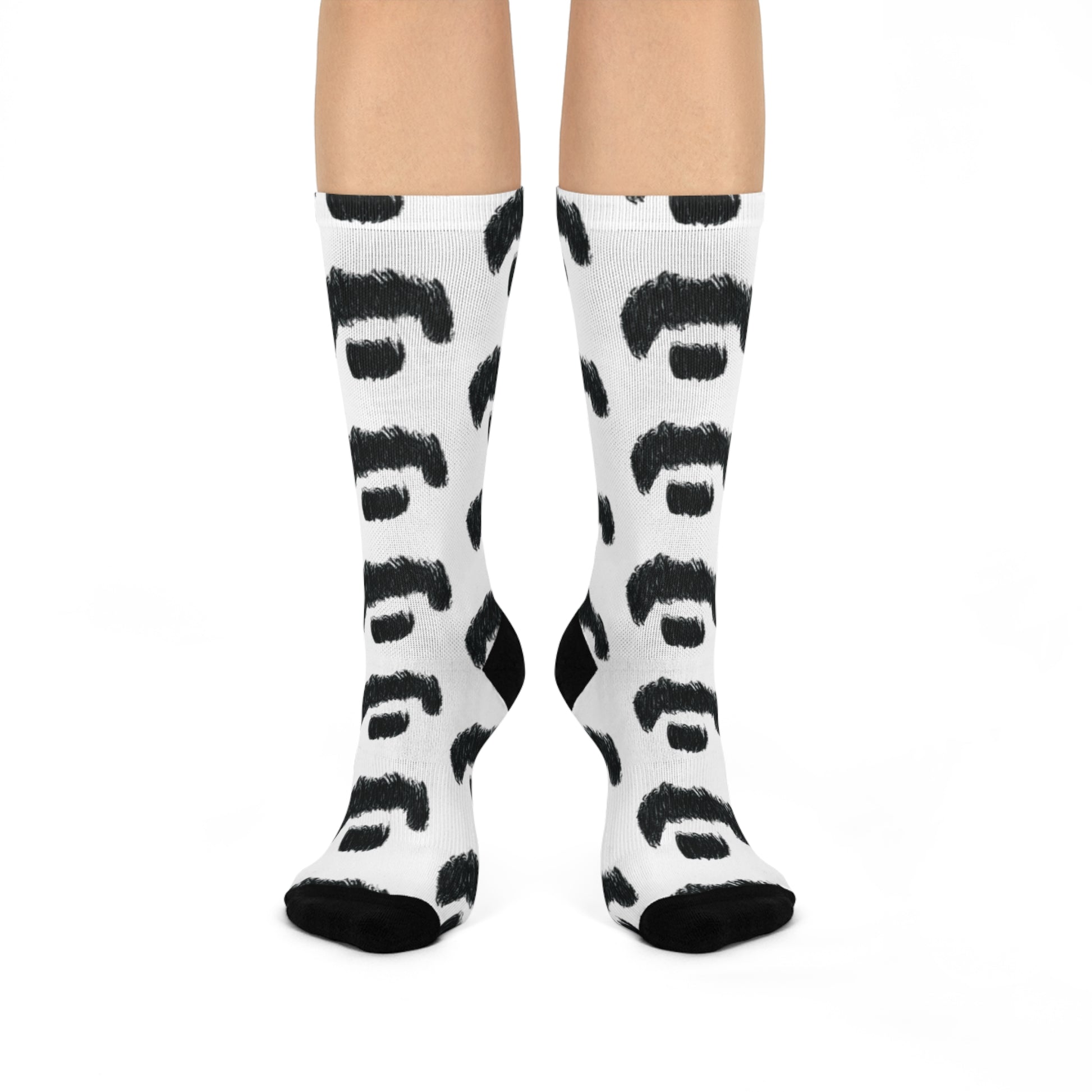     Zappa-inspired hand drawn mustache crew socks with hand-drawn black pattern