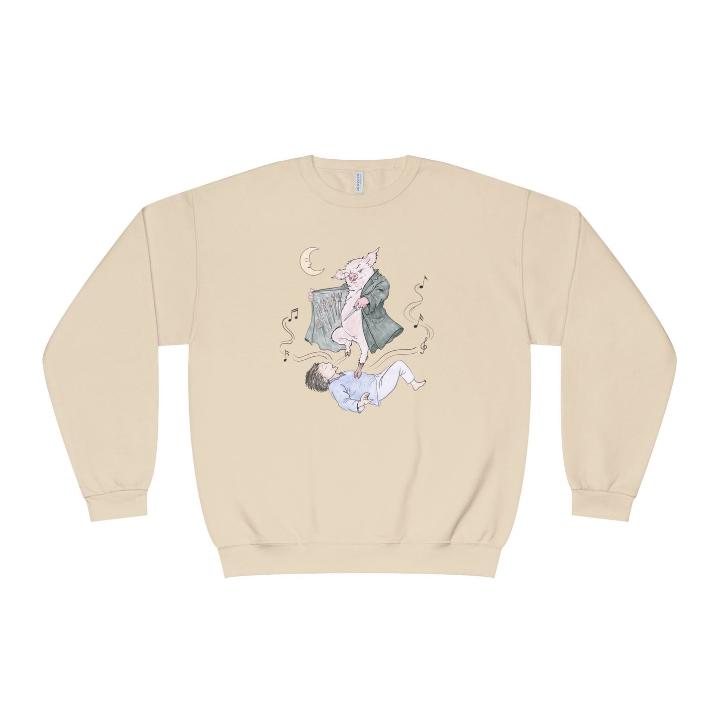 Crewneck sweatshirt featuring original hand-drawn Guyute-inspired artwork with a surreal pig, moon, musical mist, and muted storybook colors.