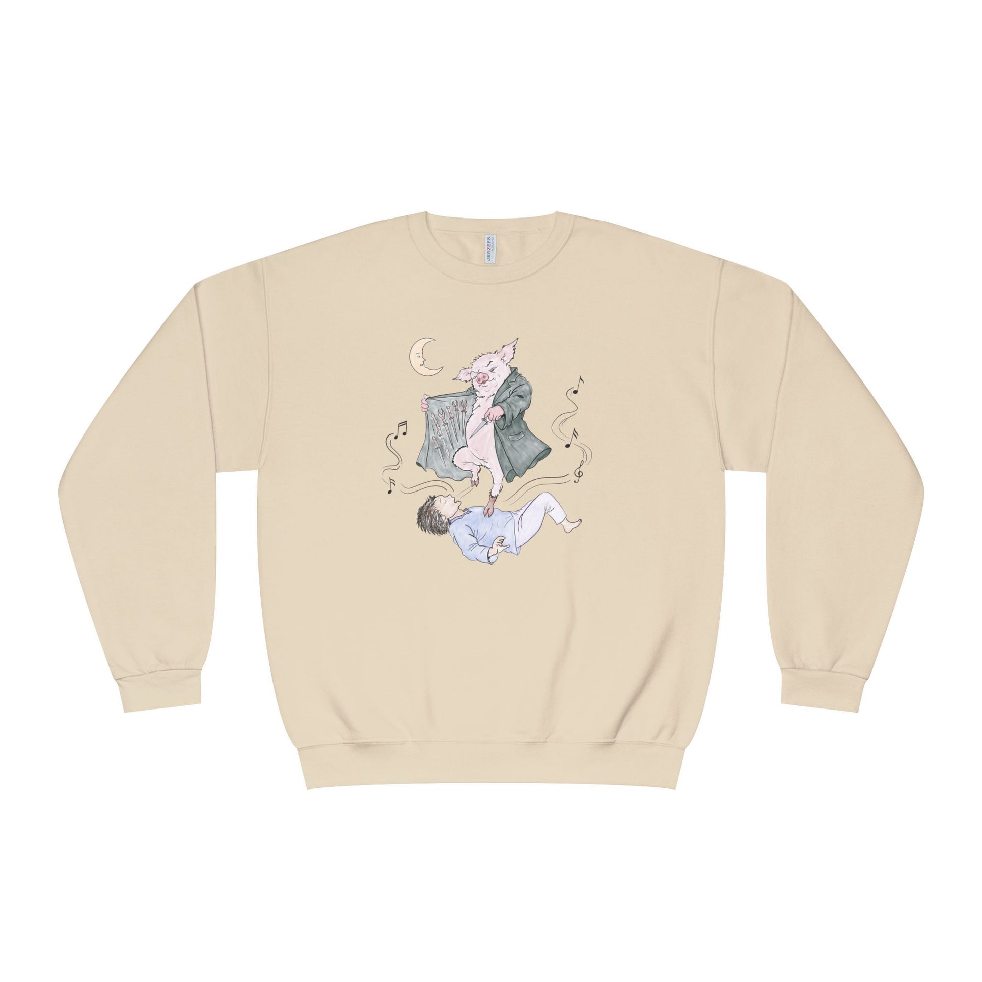 Crewneck sweatshirt featuring original hand-drawn Guyute-inspired artwork with a surreal pig, moon, musical mist, and muted storybook colors.