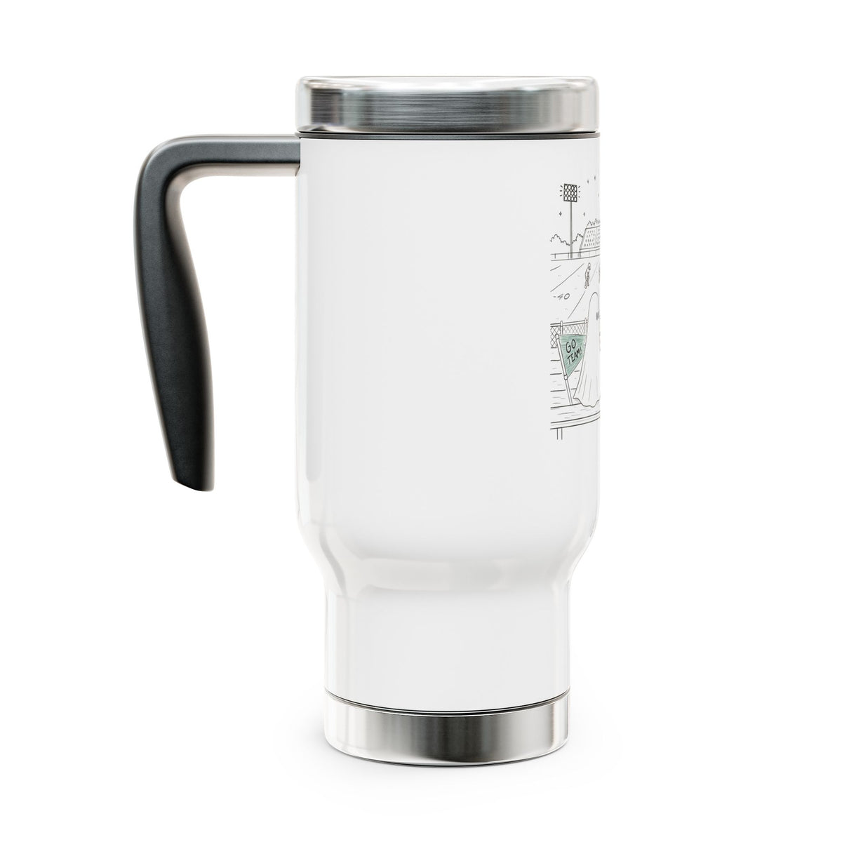 White 14 oz stainless steel insulated travel mug featuring cute ghost family football artwork from Chapter 5, Friday Night Lights, of The Story of the Ghost collection by Market Mafia Creations.