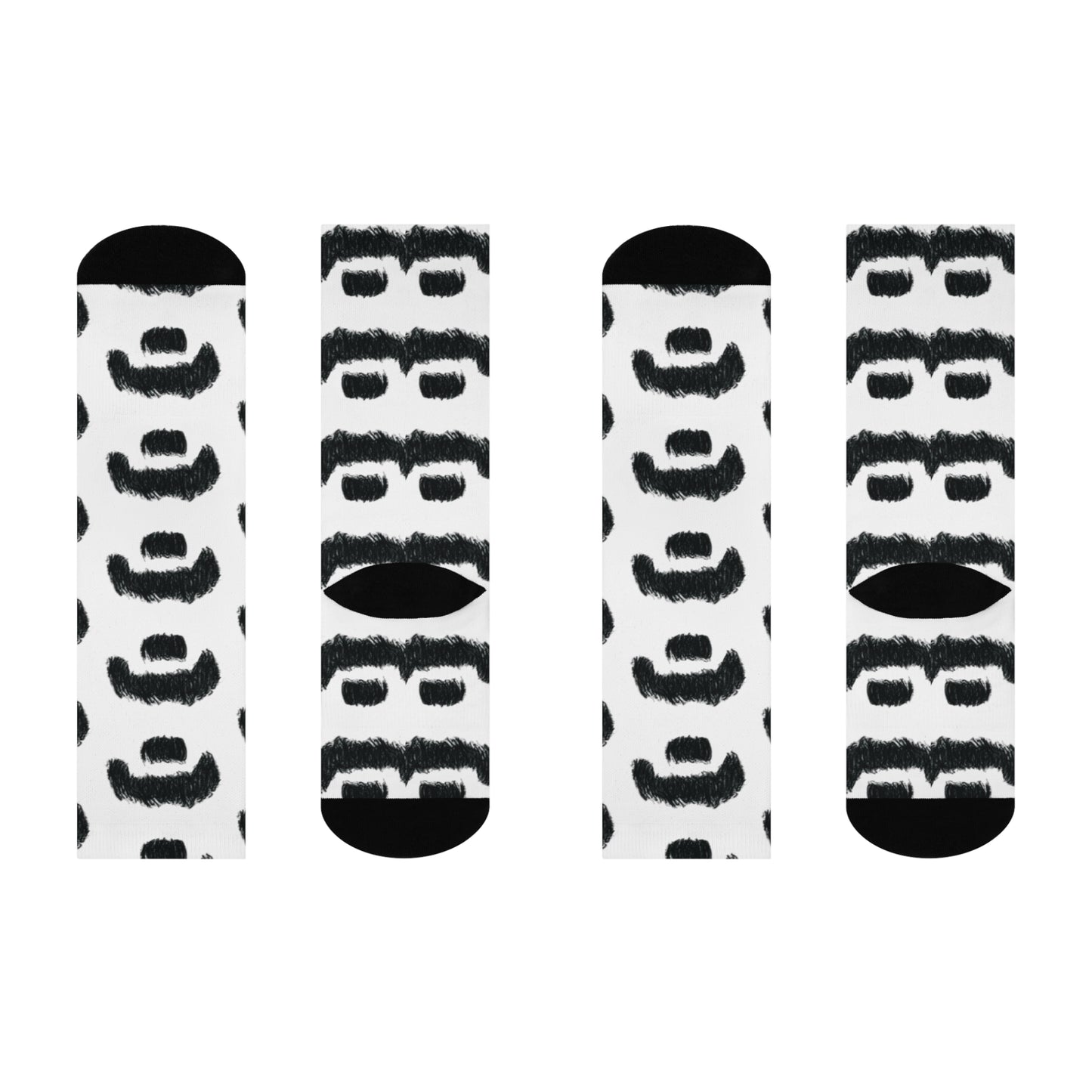 Zappa-inspired hand drawn mustache crew socks with hand-drawn black pattern