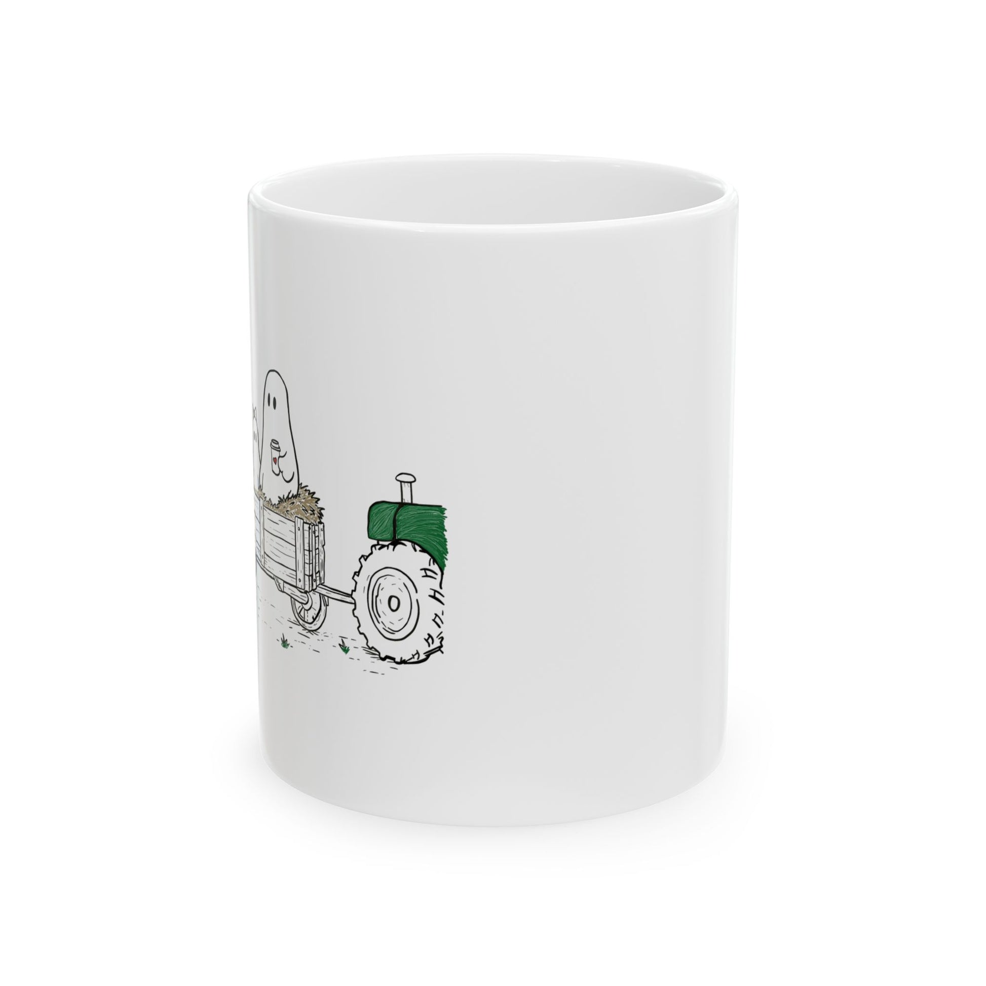 Ghost family riding in a hay wagon with pumpkins and coffee mugs, featured on a white ceramic coffee mug from The Story of the Ghost Chapter One: Hayrides fall collection by Market Mafia Creations.