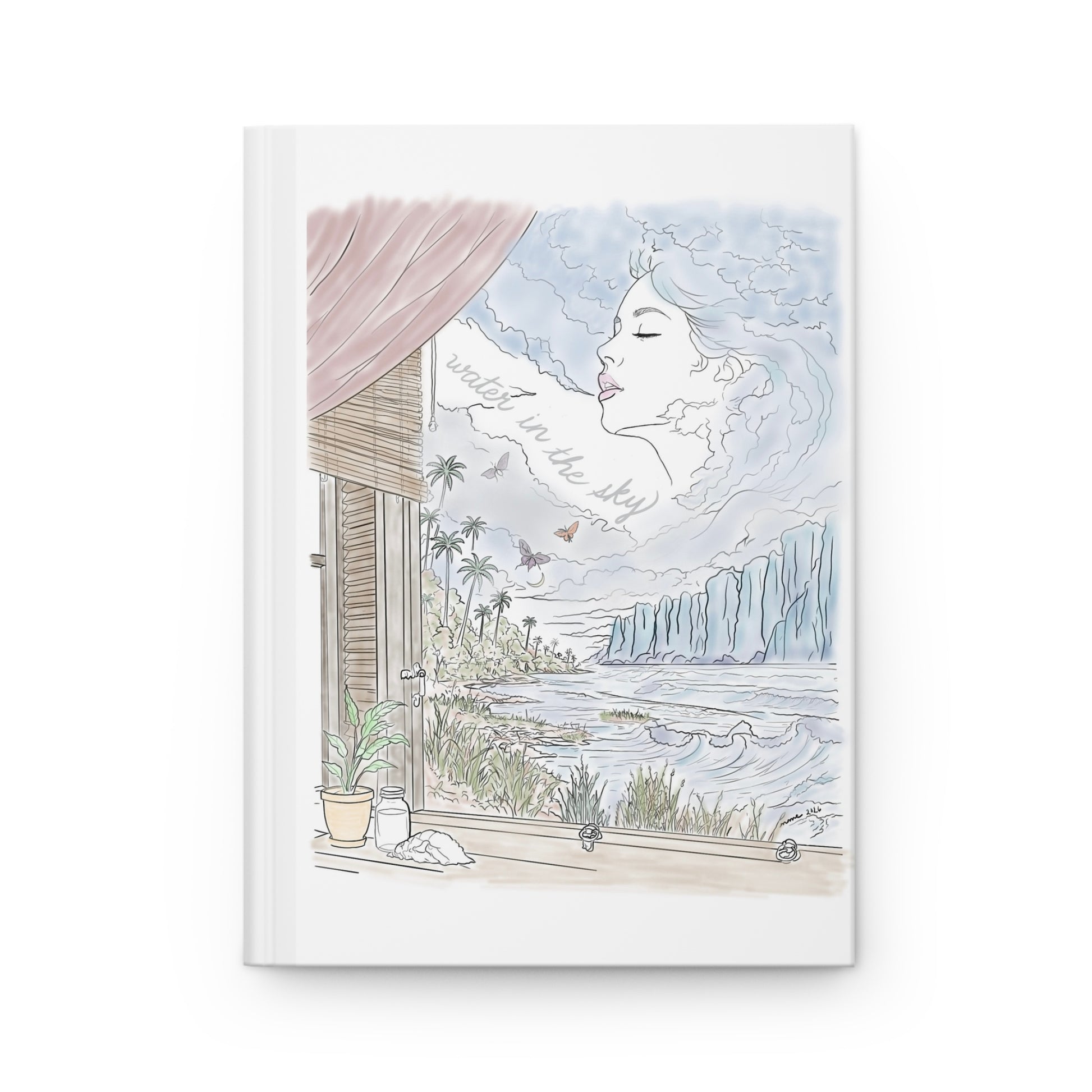 Water in the Sky hardcover journal featuring pastel coastal artwork with ocean waves, tropical palms, butterflies and a woman in the clouds.