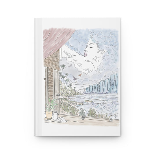 Water in the Sky hardcover journal featuring pastel coastal artwork with ocean waves, tropical palms, butterflies and a woman in the clouds.