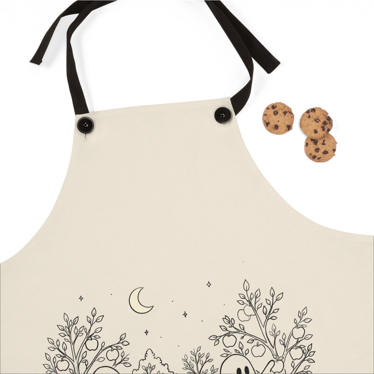 Cream apron featuring a cute ghost family picking apples in an autumn orchard with baskets, pumpkin, trees and moon from The Story of the Ghost Chapter 4.