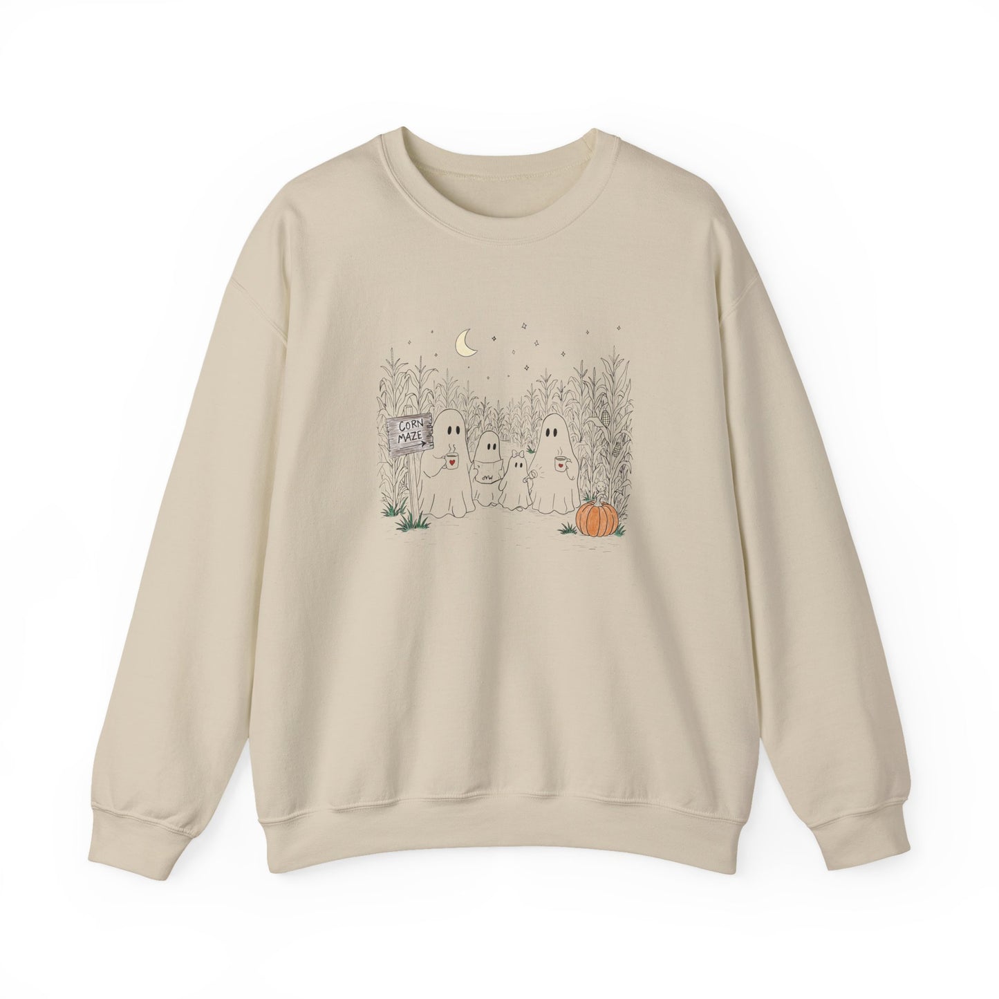 Crewneck sweatshirt featuring a hand-drawn ghost family walking through a moonlit corn maze with warm drinks, tall corn stalks, and a pumpkin from The Story of the Ghost Chapter 2 collection.