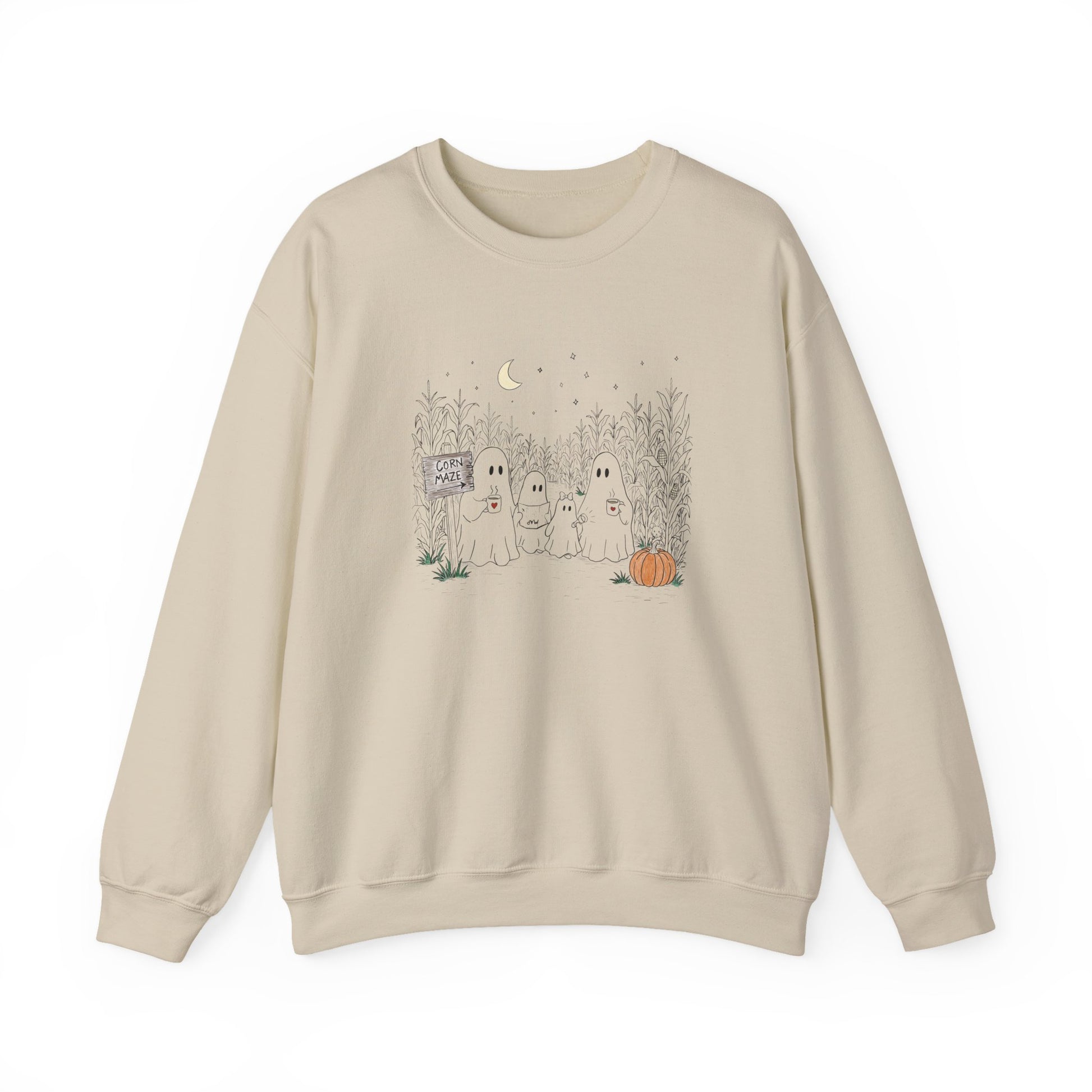 Crewneck sweatshirt featuring a hand-drawn ghost family walking through a moonlit corn maze with warm drinks, tall corn stalks, and a pumpkin from The Story of the Ghost Chapter 2 collection.