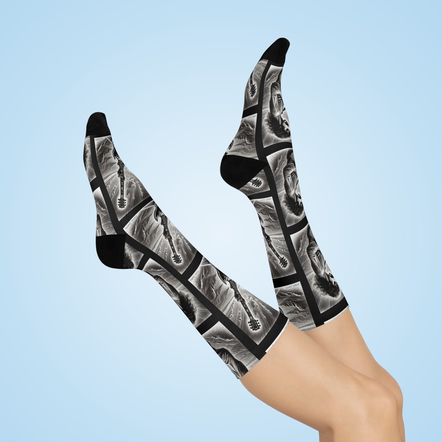 Zappa-inspired black and white pencil sketch art guitarist crew socks
