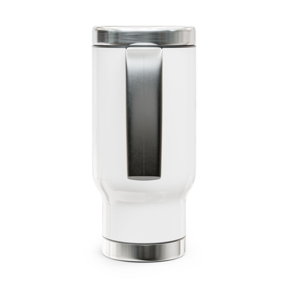 White 14 oz stainless steel insulated travel mug featuring cute ghost family football artwork from Chapter 5, Friday Night Lights, of The Story of the Ghost collection by Market Mafia Creations.