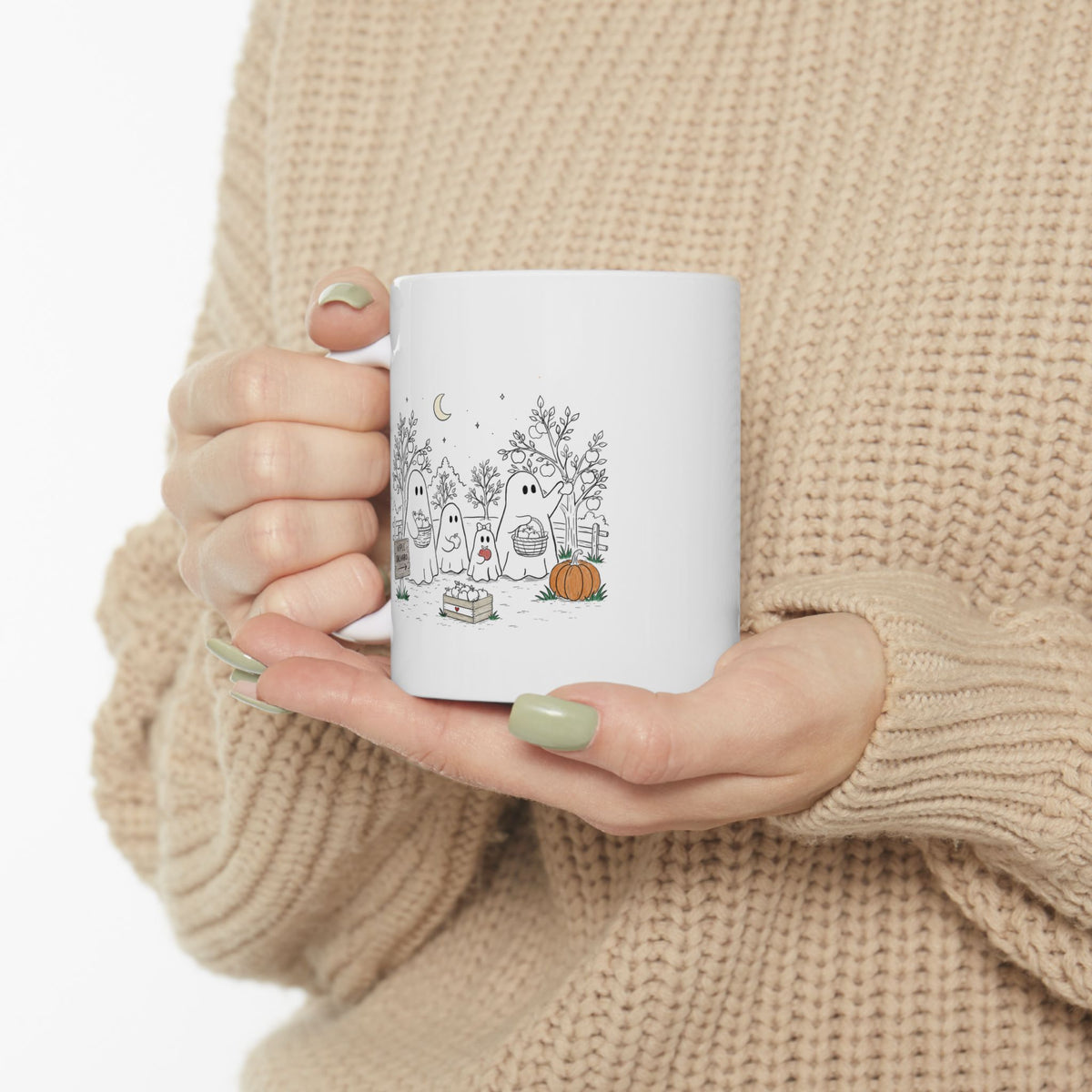 Coffee mug featuring a cute ghost family picking apples in an autumn orchard with baskets, pumpkin, trees and moon from The Story of the Ghost Chapter 4.