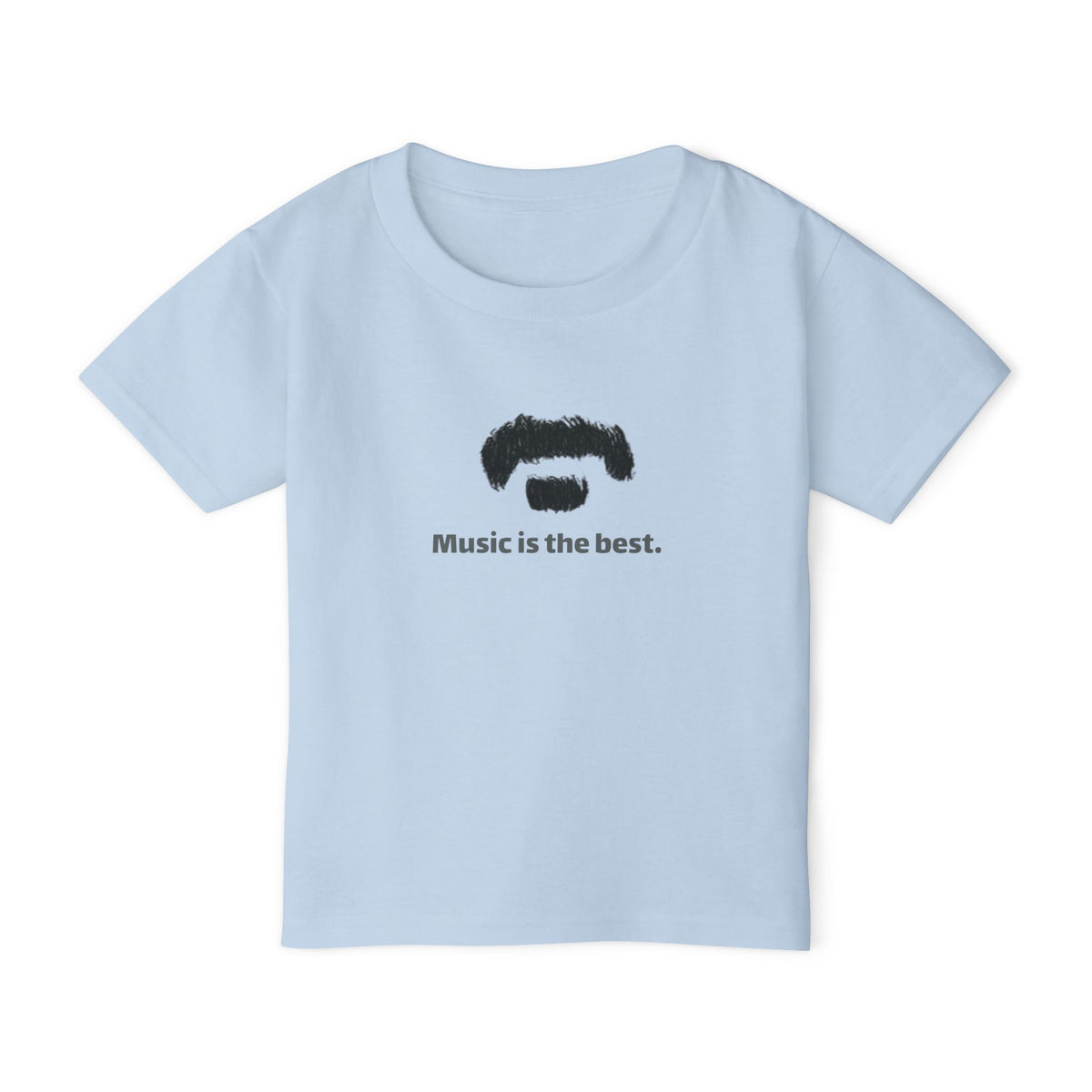 A light blue short-sleeve t-shirt with a black graphic of a mustache and beard above the text 'Music is the best.' on the chest, displayed on a clean white background.