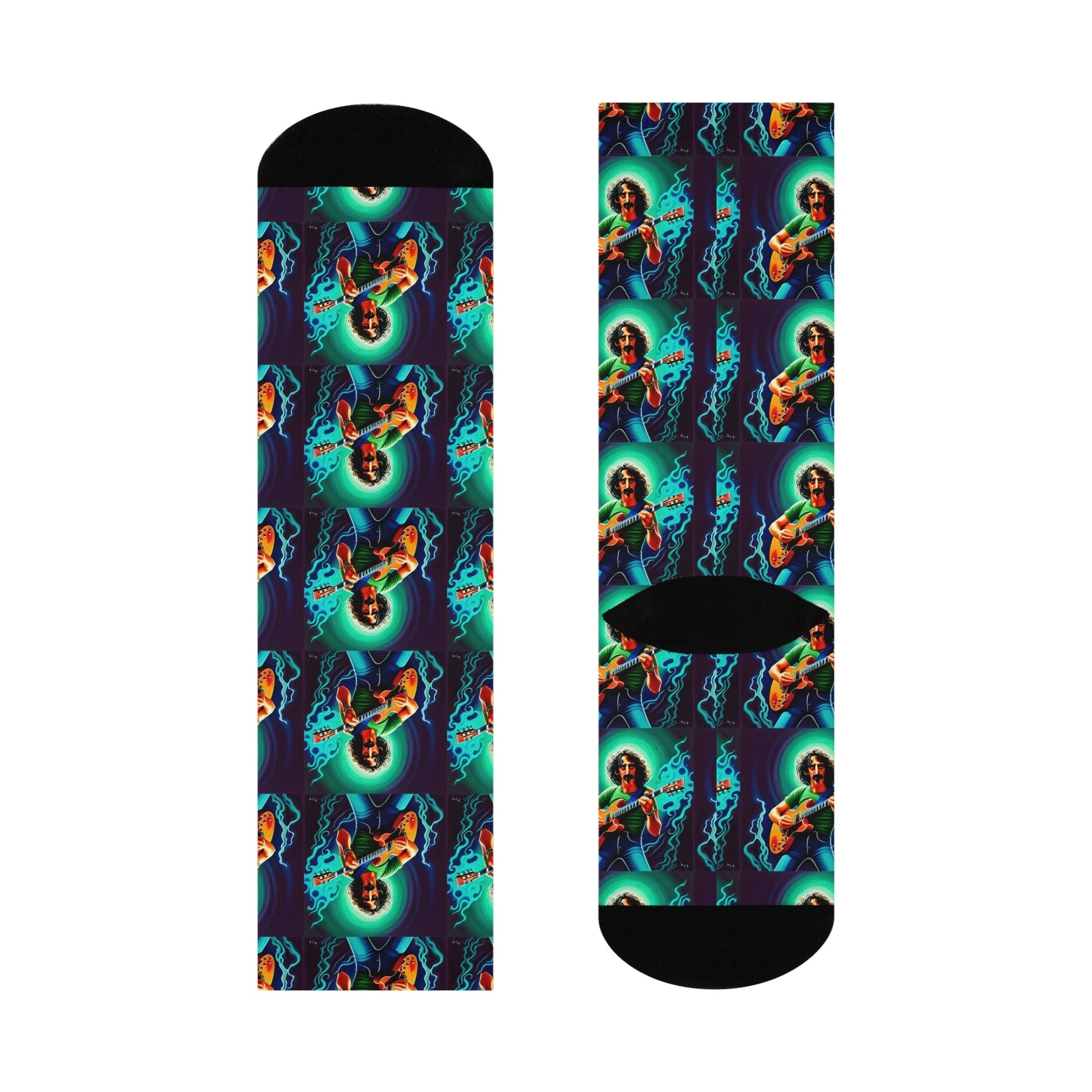     Blue and green Zappa-inspired guitar crew socks
