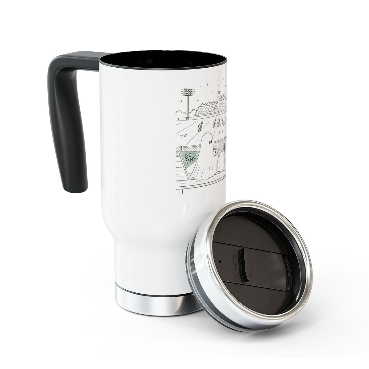 White 14 oz stainless steel insulated travel mug featuring cute ghost family football artwork from Chapter 5, Friday Night Lights, of The Story of the Ghost collection by Market Mafia Creations.