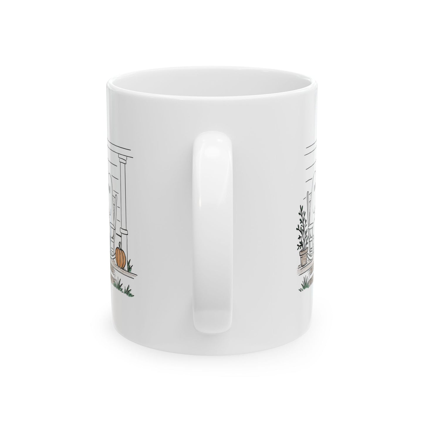 White ceramic mug featuring a hand-drawn ghost family sitting on a front porch in rocking chairs with coffee, with two little ghosts peeking through the window and subtle fall color accents.