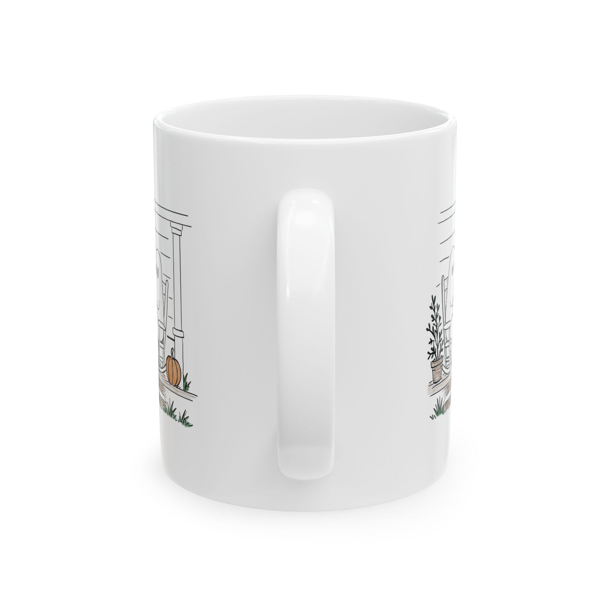 White ceramic mug featuring a hand-drawn ghost family sitting on a front porch in rocking chairs with coffee, with two little ghosts peeking through the window and subtle fall color accents.