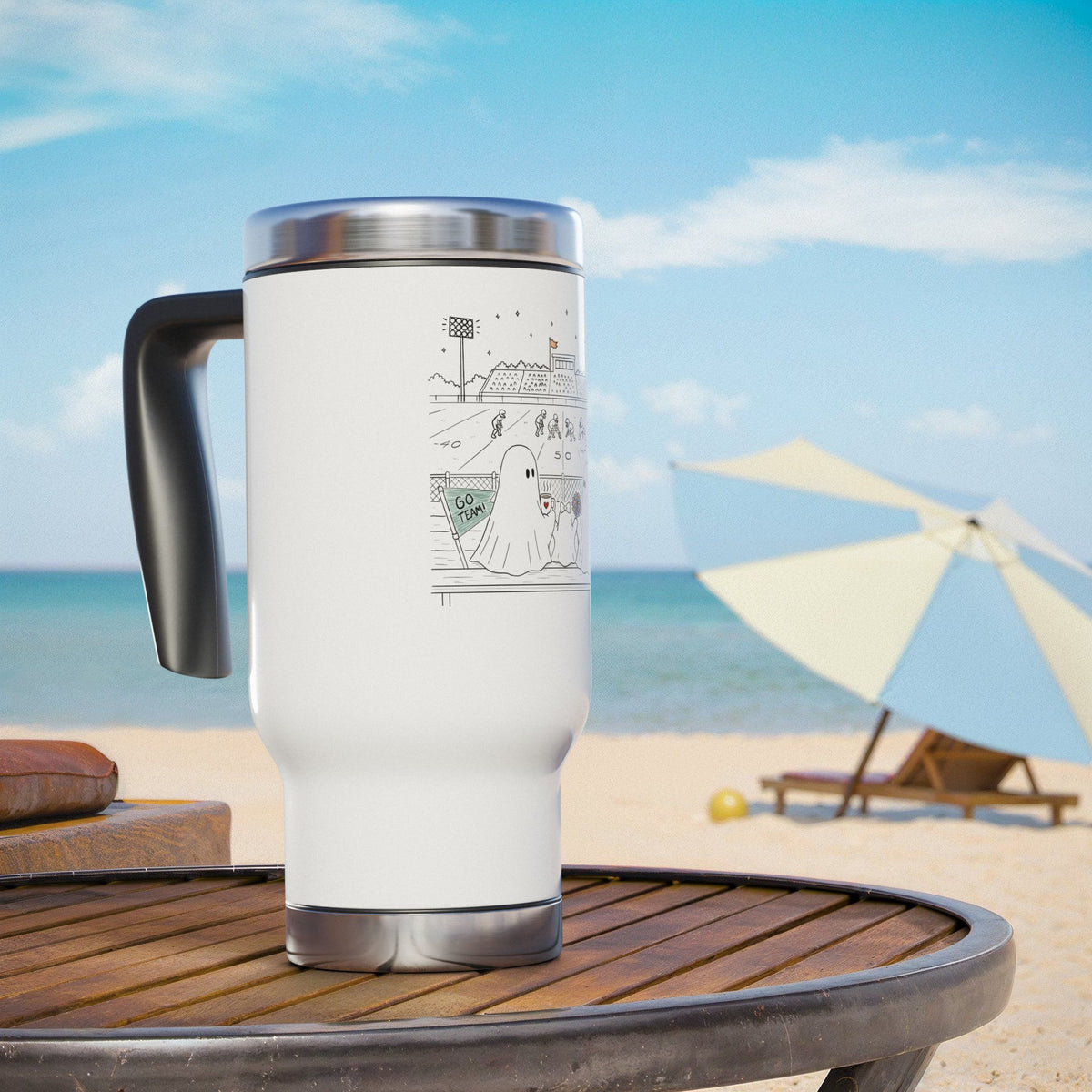 White 14 oz stainless steel insulated travel mug featuring cute ghost family football artwork from Chapter 5, Friday Night Lights, of The Story of the Ghost collection by Market Mafia Creations.