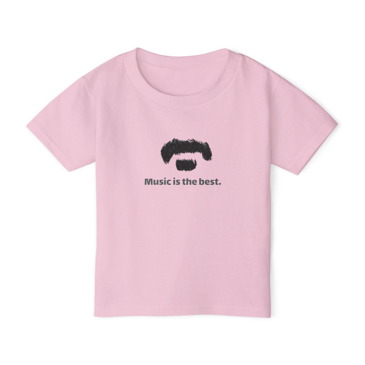 A light pink short-sleeve t-shirt with a black graphic of a mustache and beard above the text 'Music is the best.' on the chest, displayed on a clean white background.