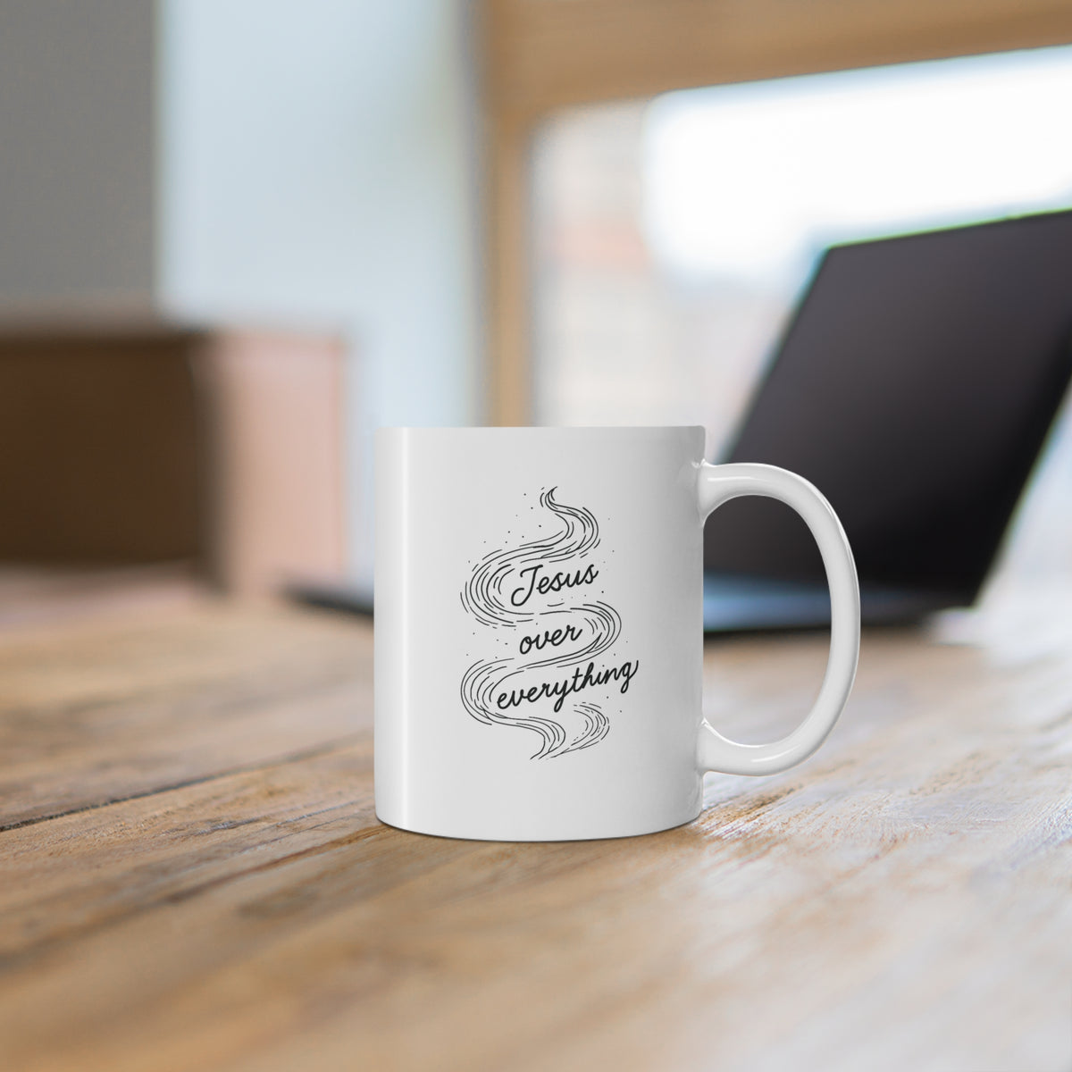 White Christian coffee mug featuring original hand-drawn Daily Cup of JOE artwork with a cross, Jesus Over Everything steam design, and Colossians 1:18.