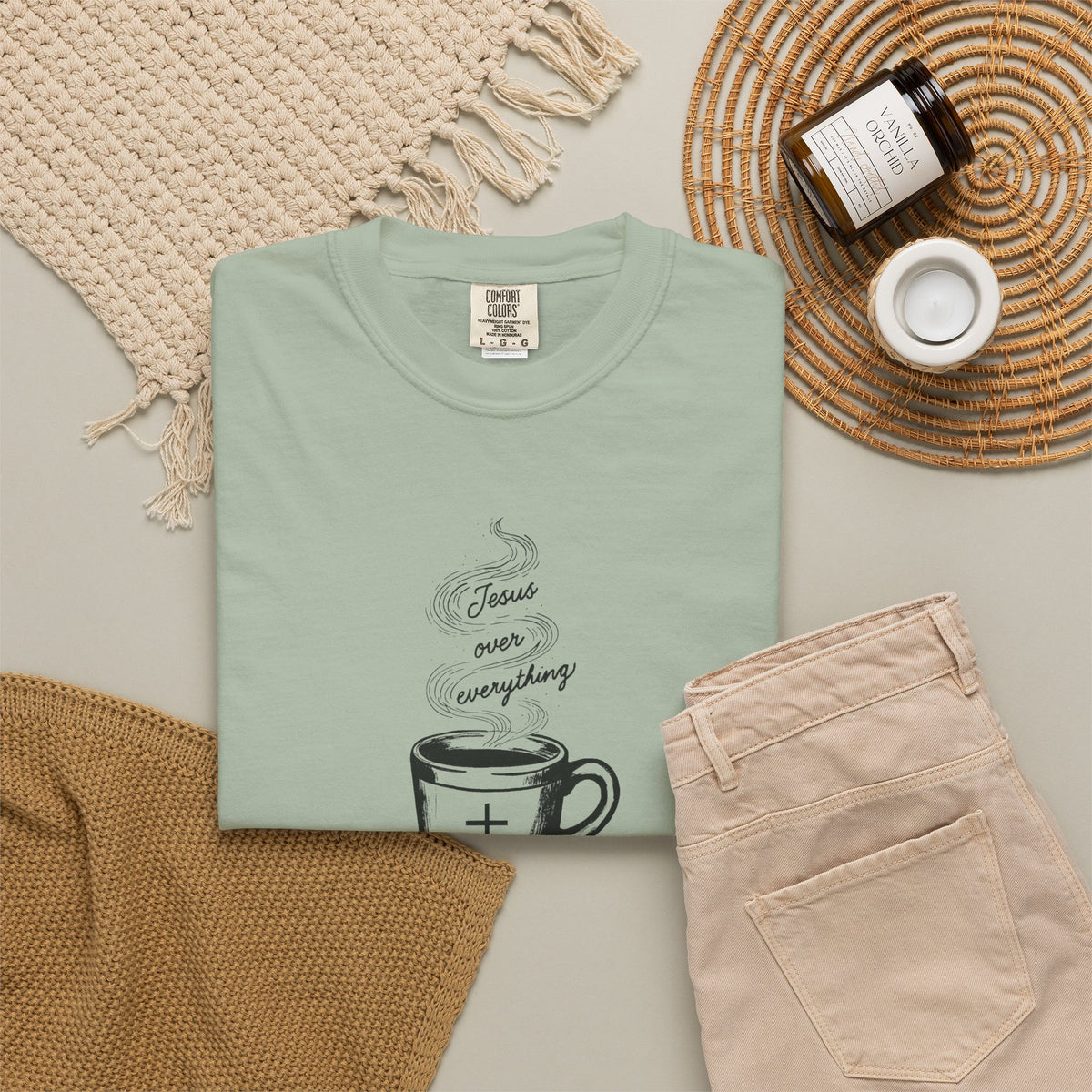 Sage Comfort Colors Christian T-shirt featuring original Daily Cup of JOE Jesus Over Everything coffee cup artwork inspired by Colossians 1:18.