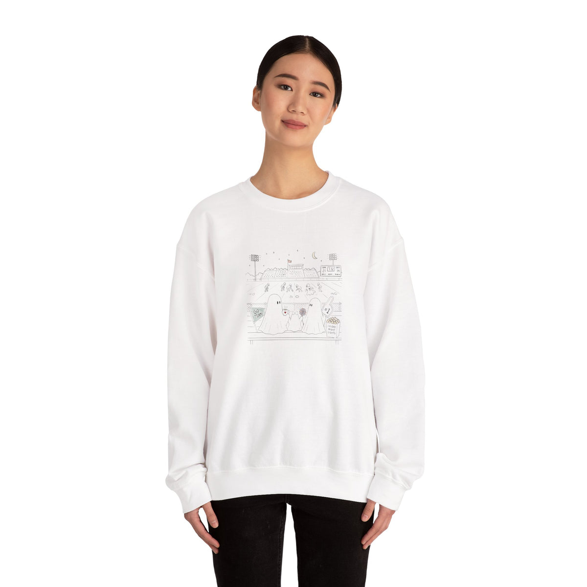White crewneck sweatshirt featuring original cute ghost family football artwork from Friday Night Lights, Chapter 5 of The Story of the Ghost by Market Mafia Creations.