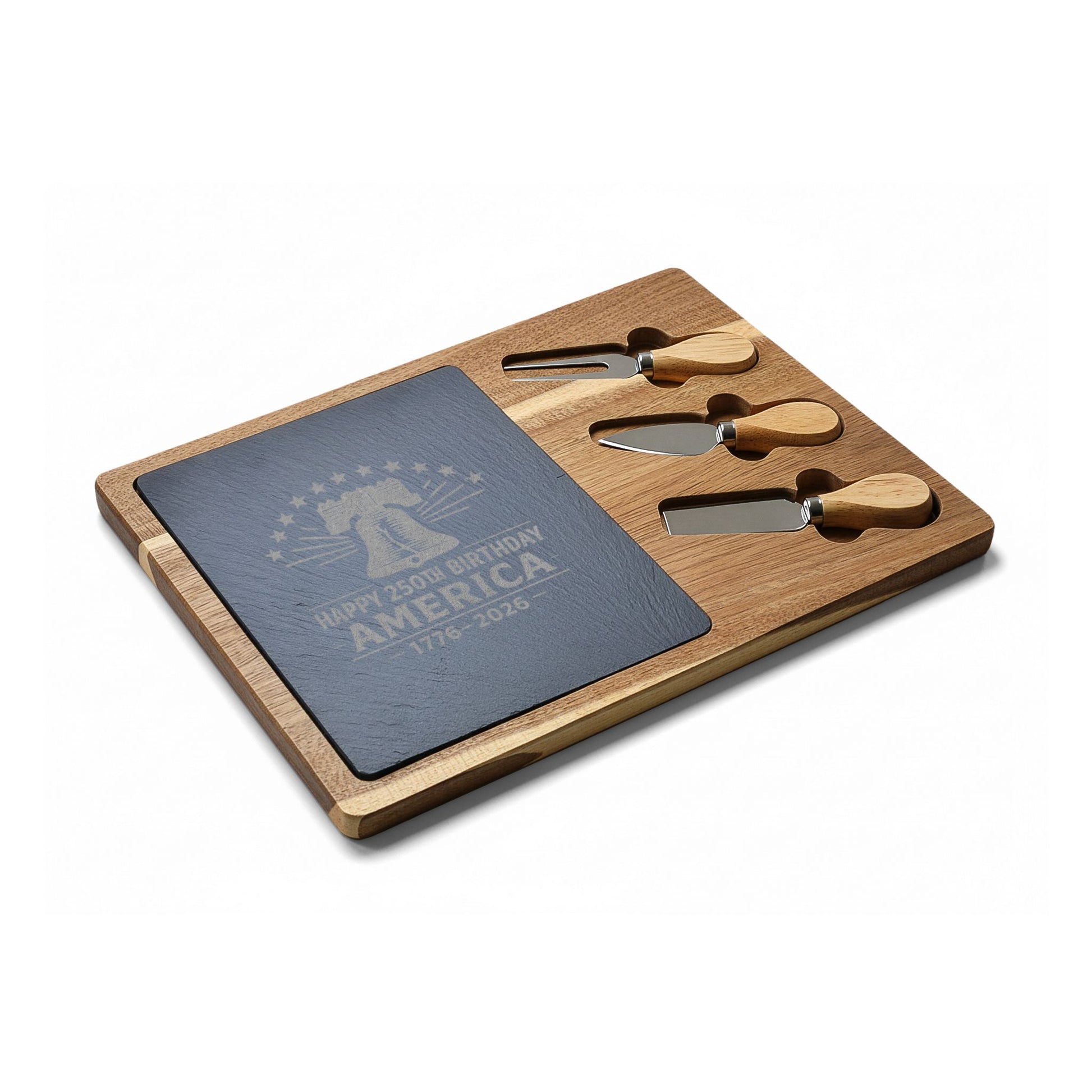 Acacia wood charcuterie board with engraved slate featuring a Liberty Bell and “Happy 250th Birthday America 1776-2026” patriotic design.