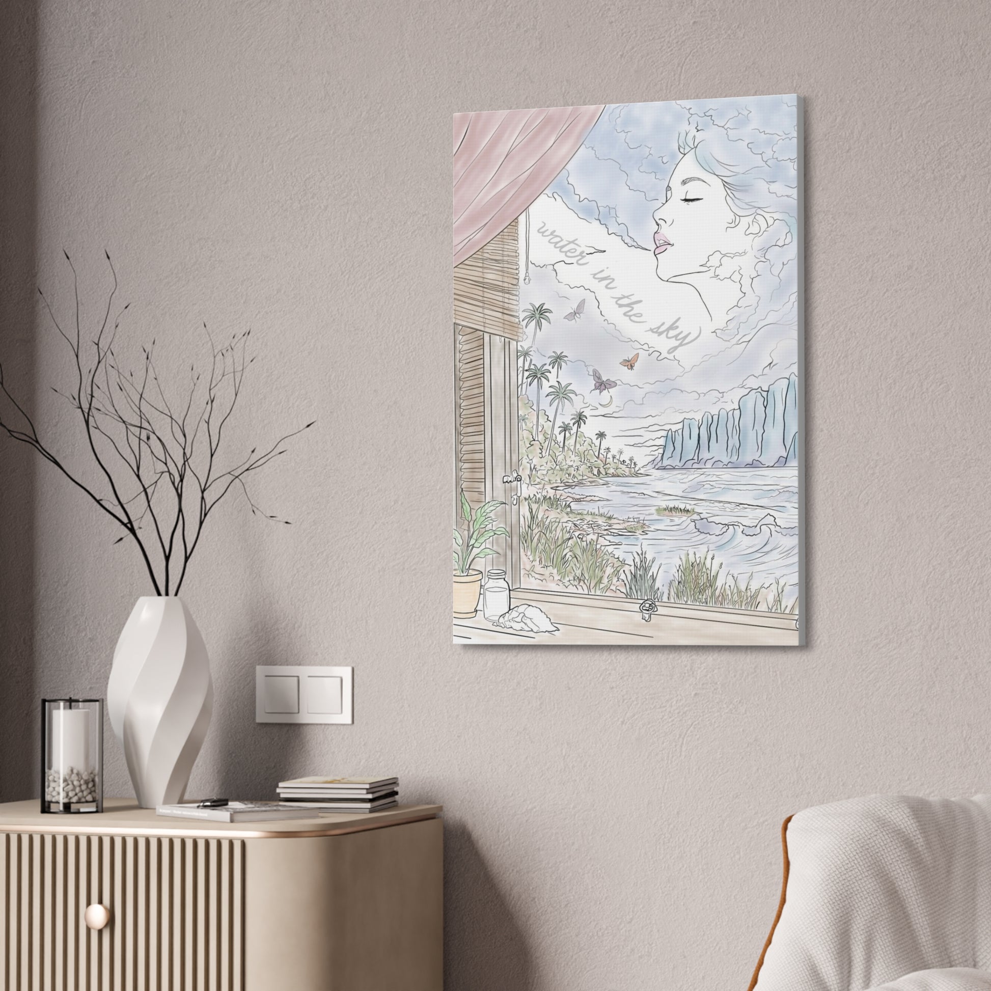 Water in the Sky vertical canvas featuring a pastel coastal landscape, tropical palms, ocean waves and a woman formed in the clouds.