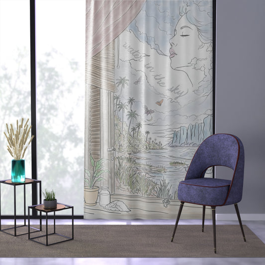 Water in the Sky sheer curtain panel with pastel ocean, cloud, palm tree, butterfly, and woman illustration.