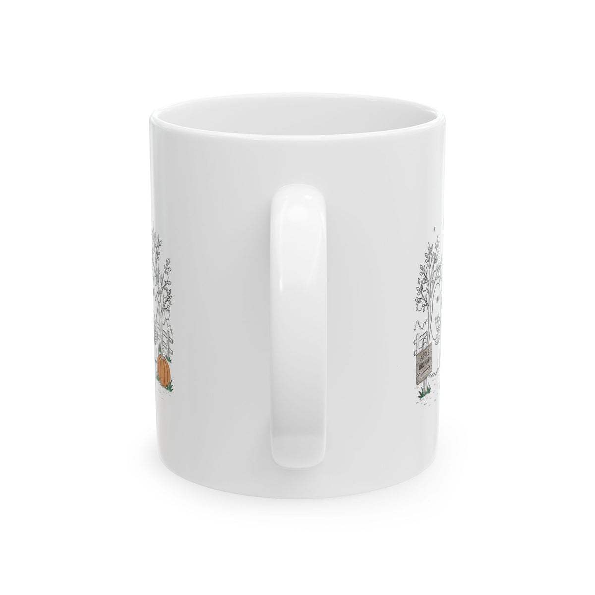 Coffee mug featuring a cute ghost family picking apples in an autumn orchard with baskets, pumpkin, trees and moon from The Story of the Ghost Chapter 4.