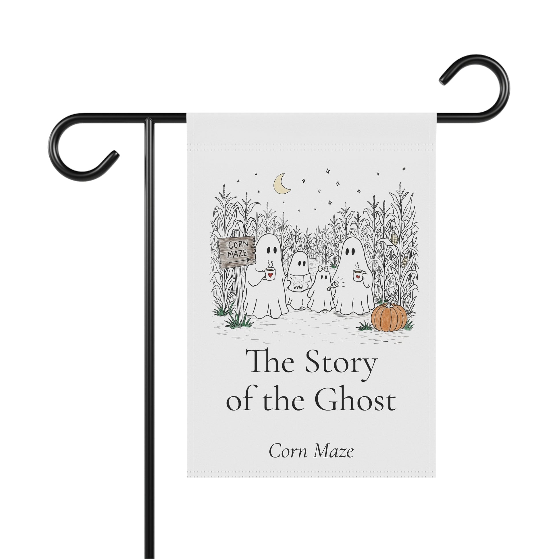 Outdoor garden banner featuring a hand-drawn ghost family walking through a moonlit corn maze with warm drinks, tall corn stalks, and a pumpkin from The Story of the Ghost Chapter 2 collection.