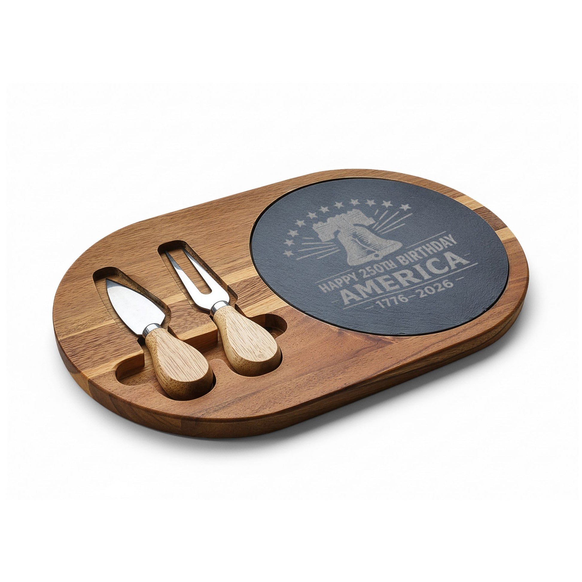 Acacia wood charcuterie board with engraved slate featuring a Liberty Bell and “Happy 250th Birthday America 1776-2026” patriotic design.